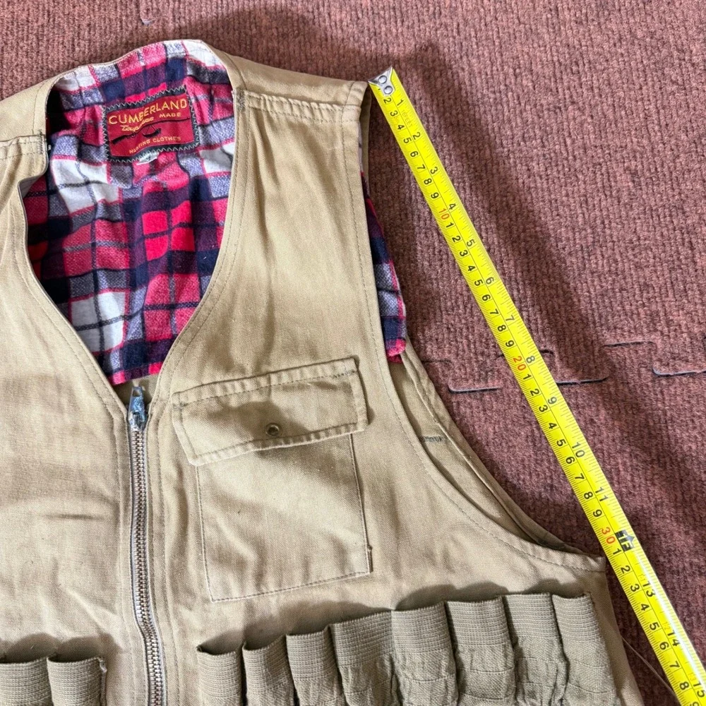 Vintage Cumberland Hunting Vest Tan Canvas Plaid Lined Shell Loops Game Bag B-